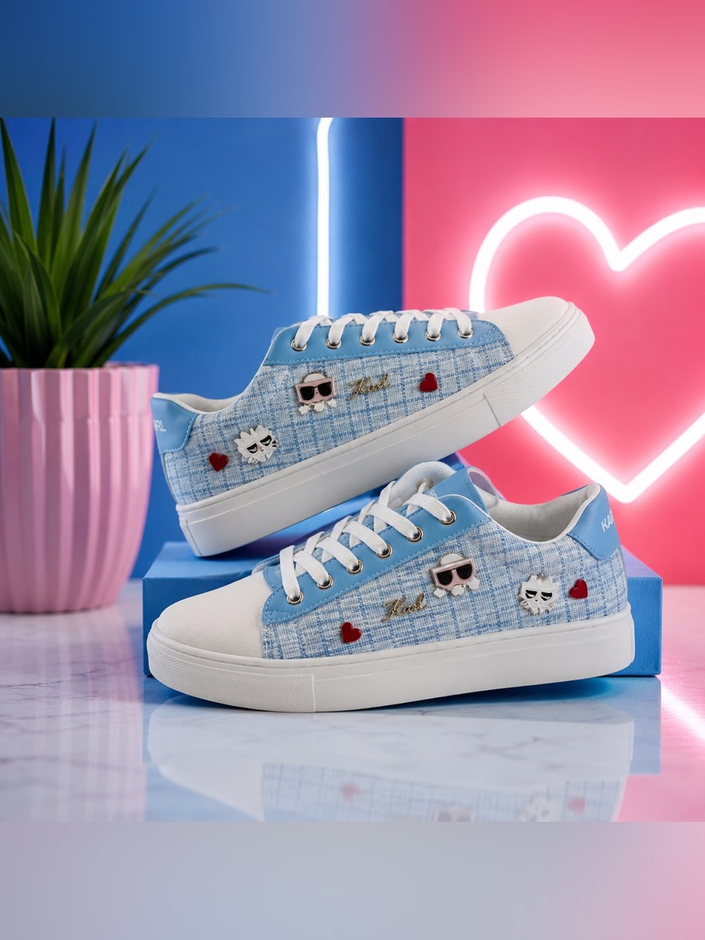Karl Lagerfeld Paris Cambie Light Blue Tweed Sneakers Charms New Size 8.5